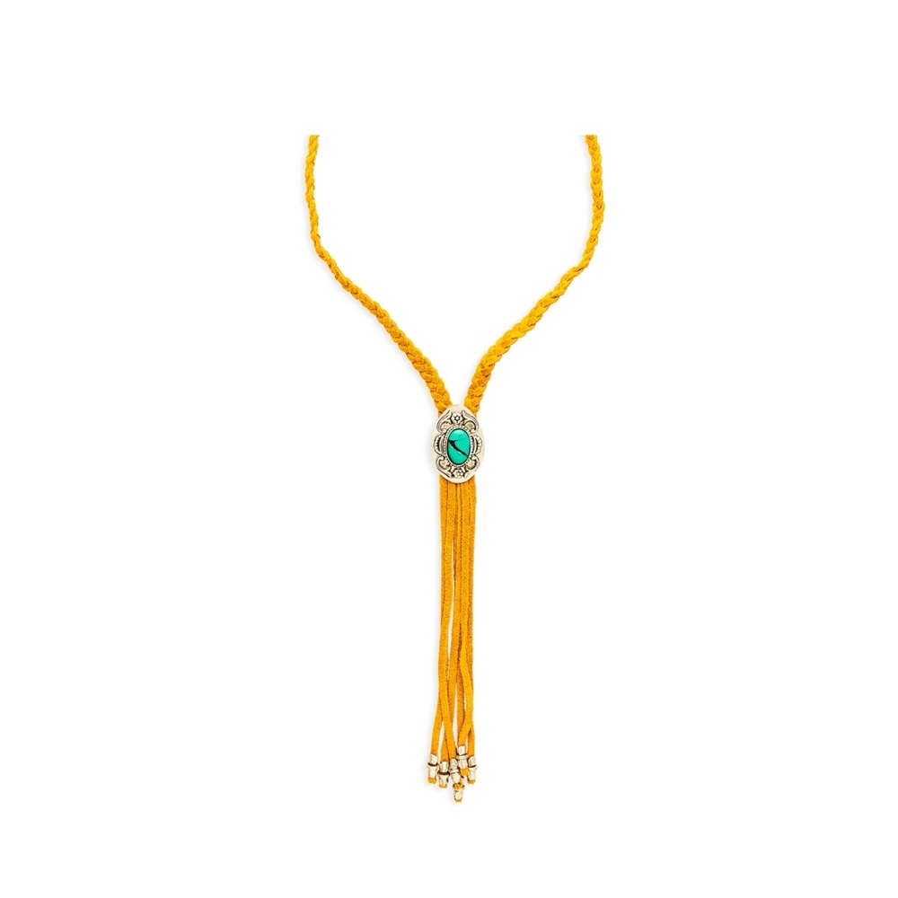 Prairie Concho Suede Leather Drop Bolo Style Necklace - Picture 2 of 3